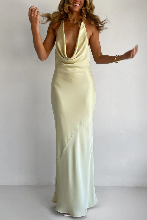 Solid Color Halter Neck Tie Backless Slim Fit Drape Maxi Dress