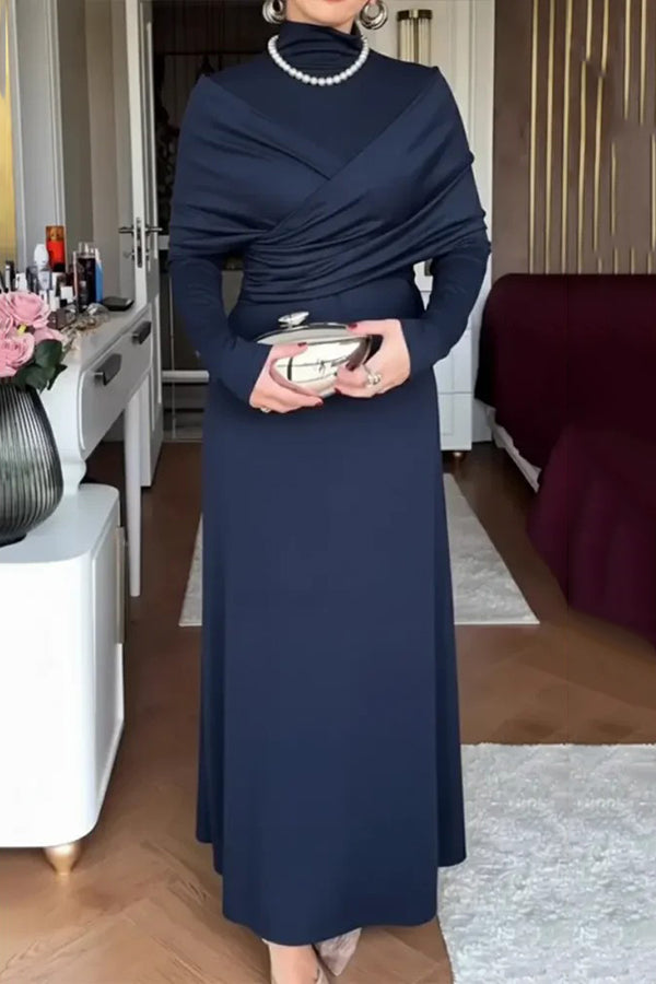 Solid Color High-neck Long-sleeved Crossover Waist Slim-fit Maxi Dress