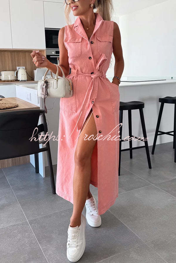 Solid Color Sleeveless Single Breasted Waist Tie Casual Pocket Denim Midi Dress