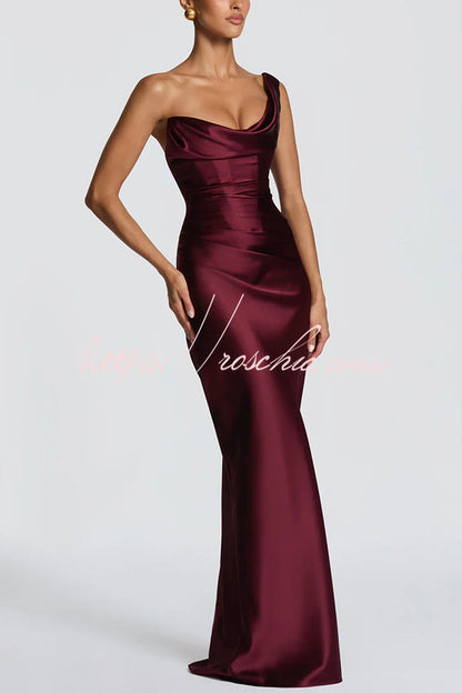 Thalassa Satin One Shoulder Scooped Neck Bias Cut Pleated Maxi Dress