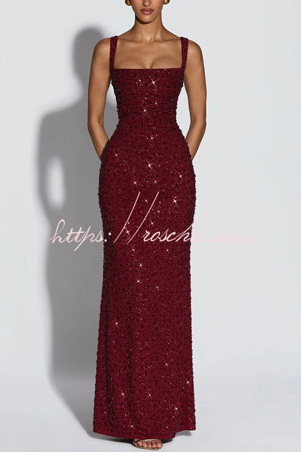 Calanthe Sequin Embellished Chiffon Ruched Square Neck Back Lace-up Maxi Dress