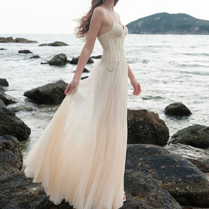 Lace Bone Tube Mesh Flared Prom Dress