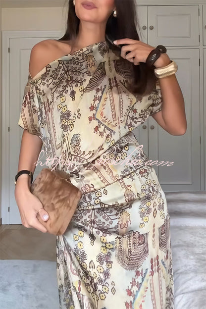 Cassie Satin Unique Print One Shoulder Ruched Waist Asymmetrical Hem Maxi Dress