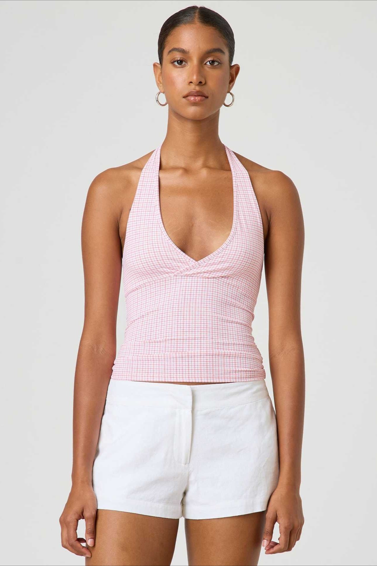 Top halter ajustado de cuadros y lunares sexi