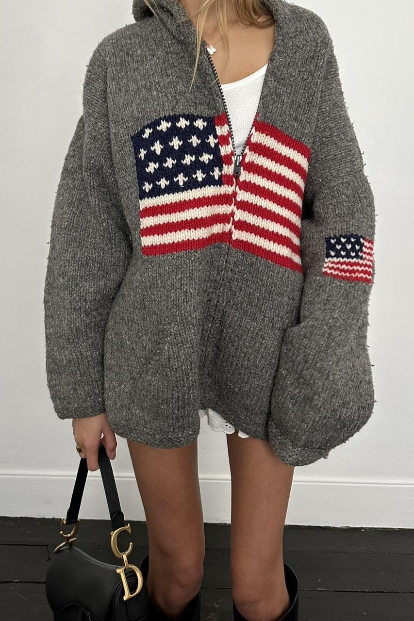Sudadera con capucha y cremallera de punto con gráfico de bandera chic