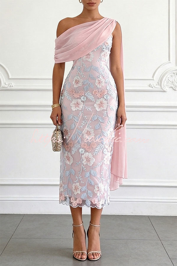 Ellie Ruched Drape Tulle One Shoulder Floral Embroidery Party Midi Dress