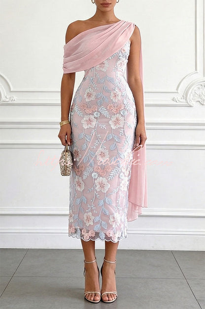 Ellie Ruched Drape Tulle One Shoulder Floral Embroidery Party Midi Dress