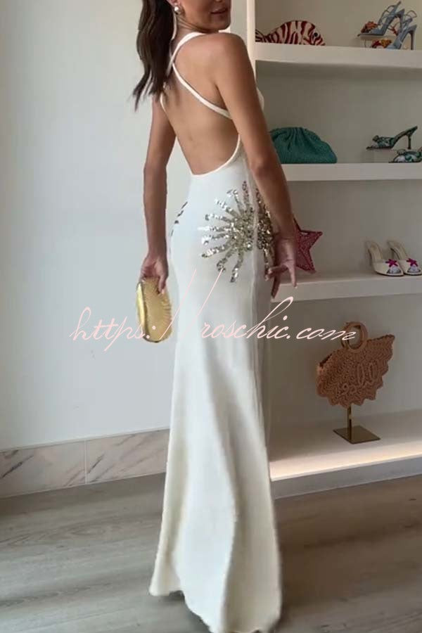 Sparkling Nights Knit Sunburst Sequin Detail Back Cross Straps Stretch Maxi Dress