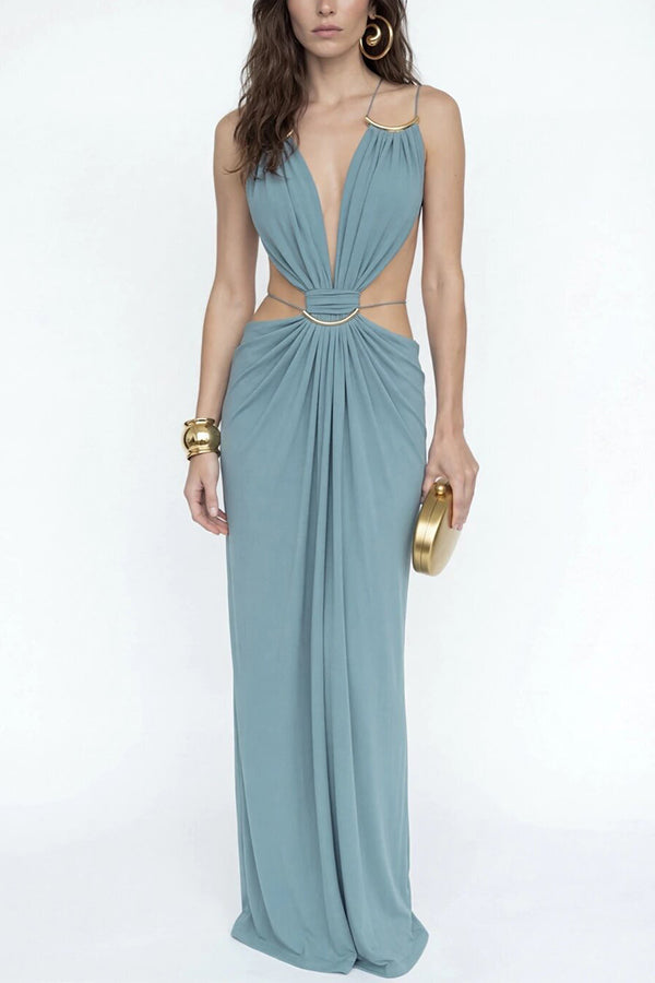 Athena Metal-Link Cutout Design Back Lace-up Drape Maxi Dress
