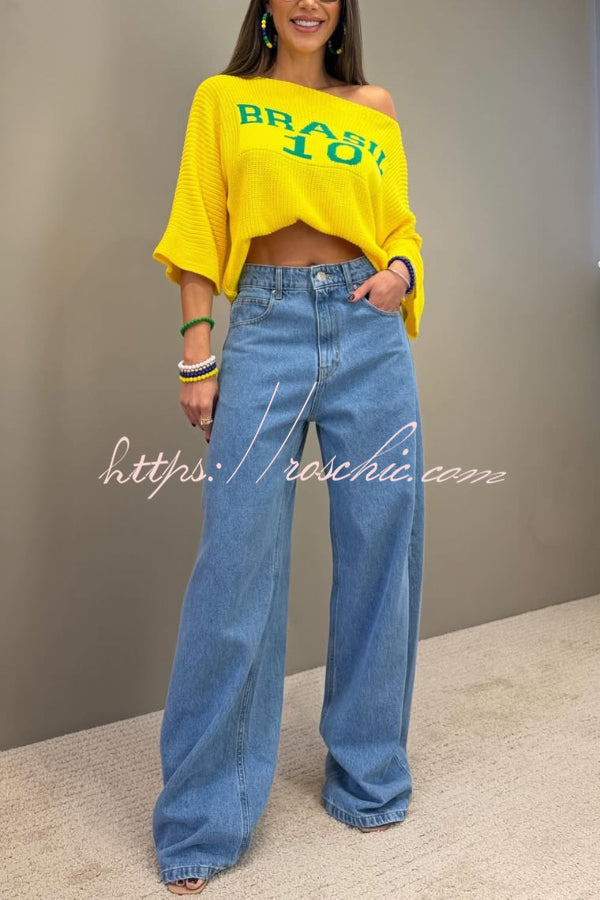 World Cup Letter Jacquard Loose-fitting Sloping Shoulders Cropped Knit Top