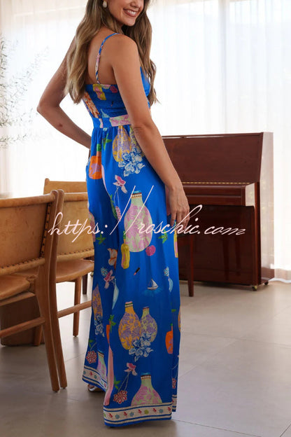 Unique Printed Sleeveless Spaghetti Strap Casual Vacation Loose Wide-Leg Jumpsuit