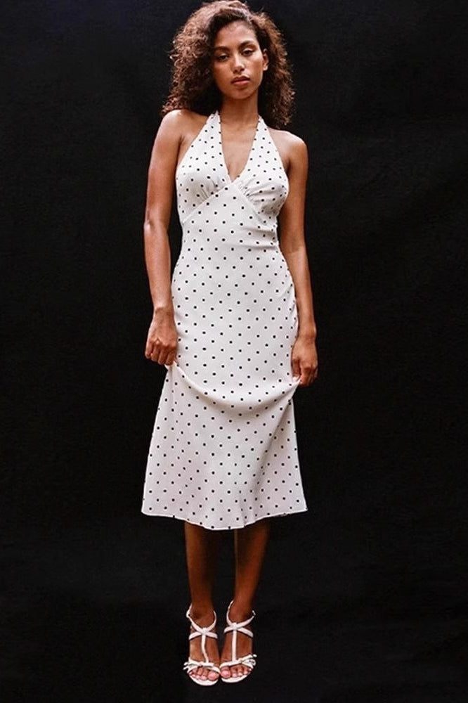Vestido Retro Midi Sexy de Lunares con Cuello Halter en V