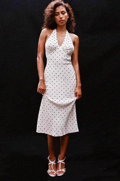 Vestido Retro Midi Sexy de Lunares con Cuello Halter en V