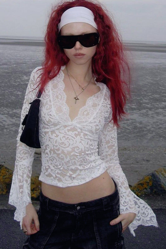 Deep V Long Sleeve Lace Trim Crop Top