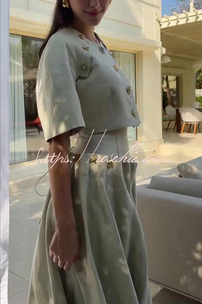 Custom Look Linen Blend Unique Metal Pattern Buttons Slit Half Sleeve Crop Jacket