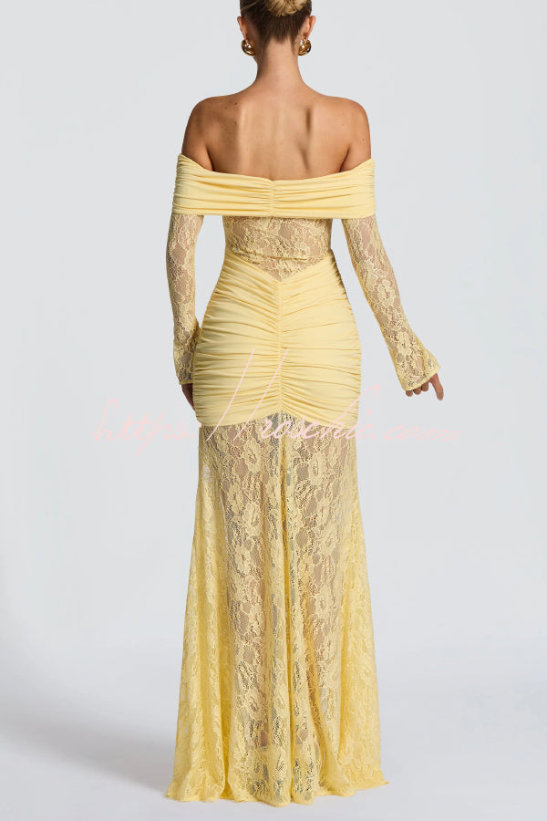 Solid Color Patchwork Lace Off-shoulder Long-sleeved Pleated Slim-fit Maxi Dress