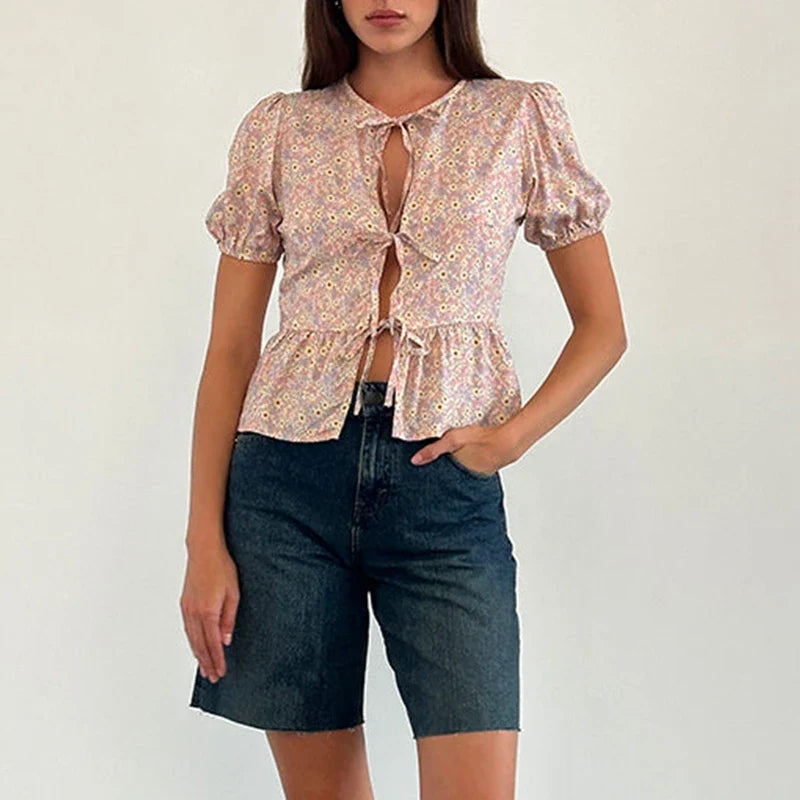 Puff Sleeve Bowknot Crop Top