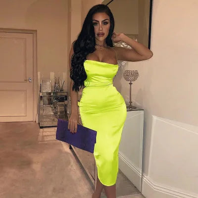 summer long satin backless elegant  hollow out Midi Dresses