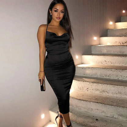 summer long satin backless elegant  hollow out Midi Dresses