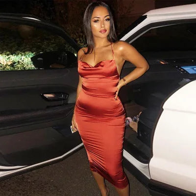 summer long satin backless elegant  hollow out Midi Dresses