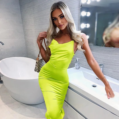 summer long satin backless elegant  hollow out Midi Dresses