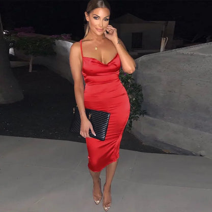 summer long satin backless elegant  hollow out Midi Dresses