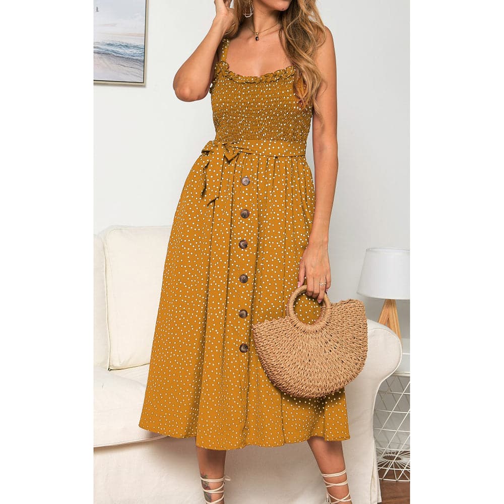 DressBetty -  Sling Ruffle Dress Floral Print Button Sundress