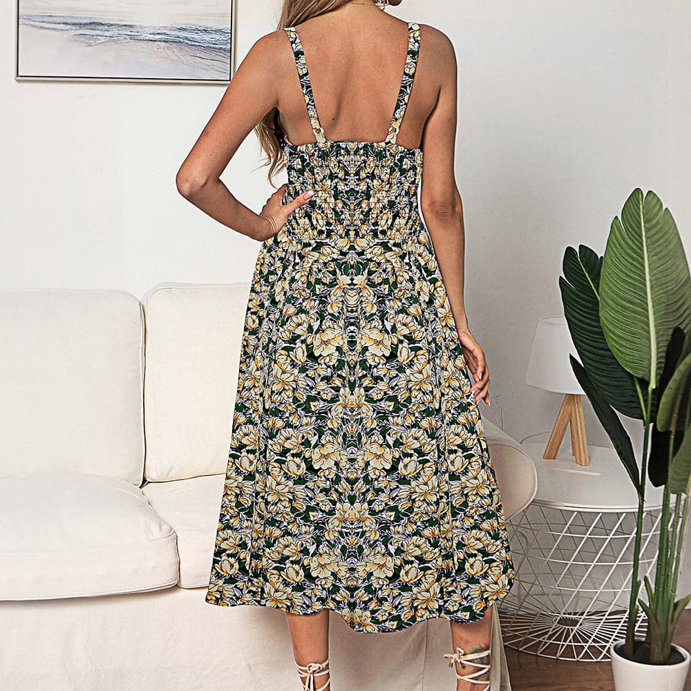 DressBetty -  Sling Ruffle Dress Floral Print Button Sundress