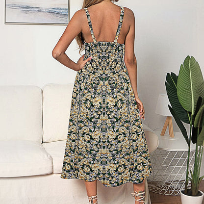 DressBetty -  Sling Ruffle Dress Floral Print Button Sundress