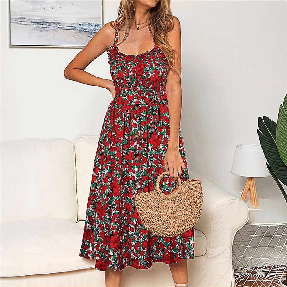 DressBetty -  Sling Ruffle Dress Floral Print Button Sundress
