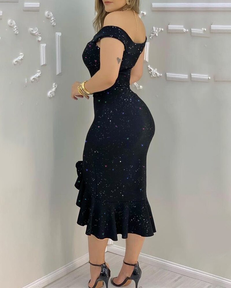 DressBetty - Elegant  Glitter Off-Shoulder Ruffles Slit Midi Dress  Party Solid Dress