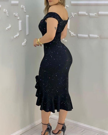 DressBetty - Elegant  Glitter Off-Shoulder Ruffles Slit Midi Dress  Party Solid Dress