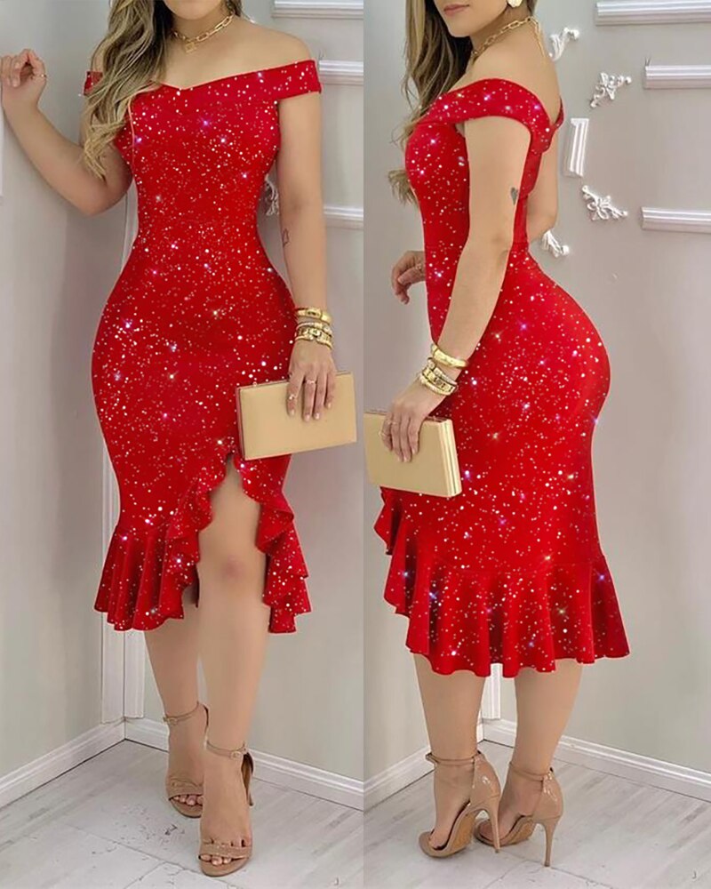 DressBetty - Elegant  Glitter Off-Shoulder Ruffles Slit Midi Dress  Party Solid Dress