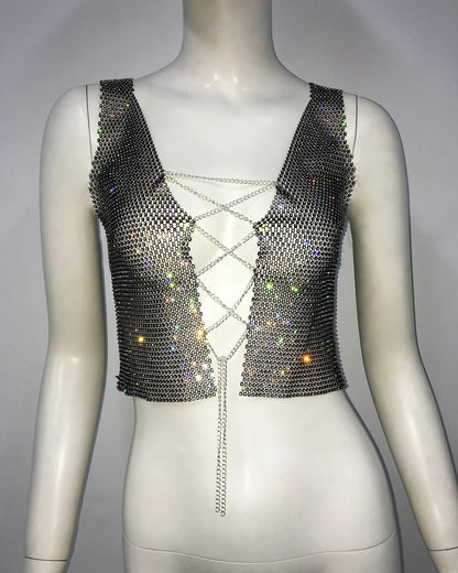 Gothic  Flash Drill Fishnet Body Chain Nightclub Crop Top