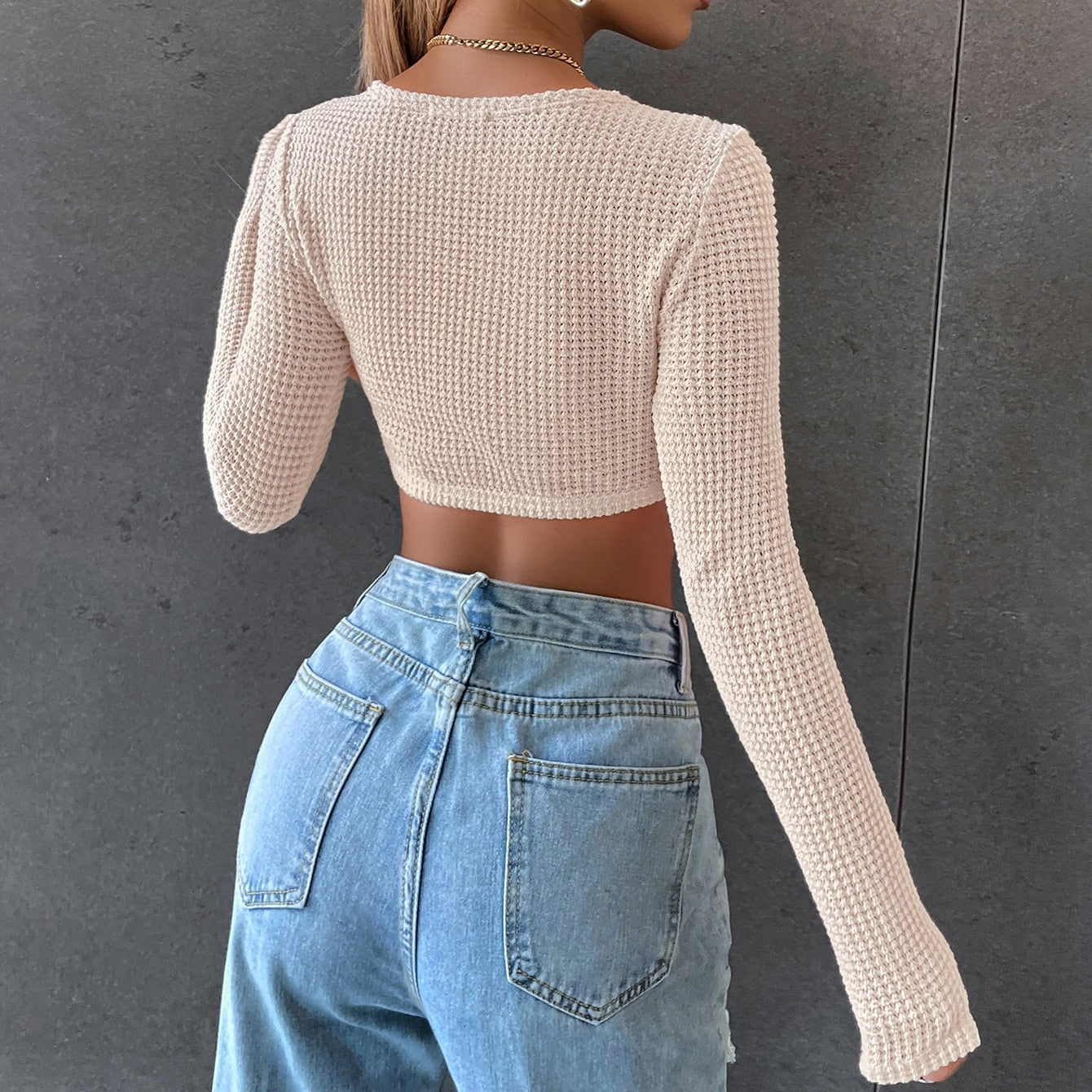 DressBetty - Long Sleeve Square Neck Knitted Crop Top Women Y2k  T Shirts