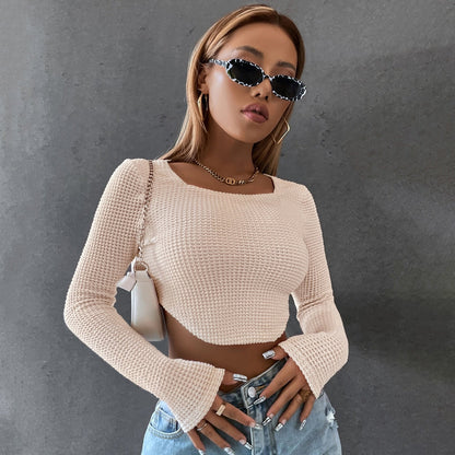 DressBetty - Long Sleeve Square Neck Knitted Crop Top Women Y2k  T Shirts