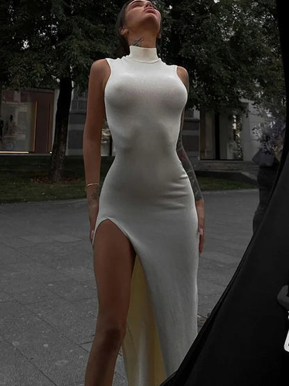 Summer Slit Elegant Holiday  Sleeveless Club Tank Solid Clothes Midi Dresses