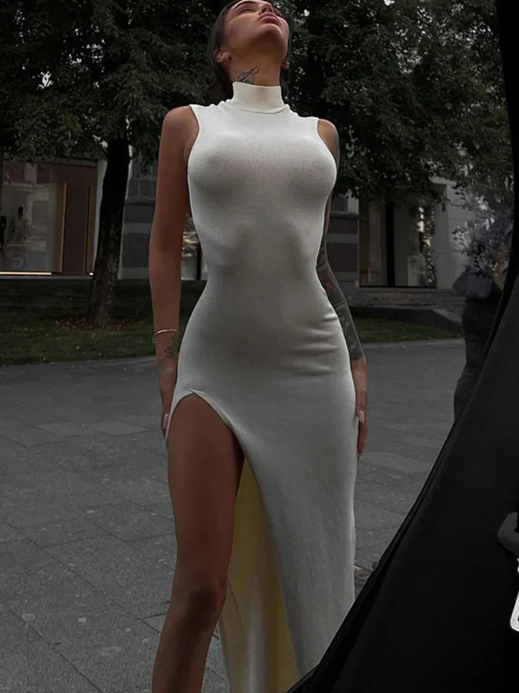 Summer Slit Elegant Holiday  Sleeveless Club Tank Solid Clothes Midi Dresses