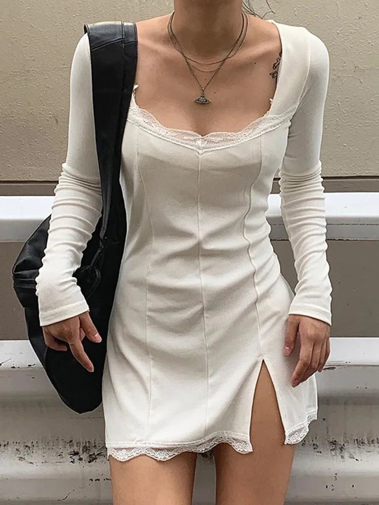 Autumn Spring Women  Lace Patchwork Split Mini Low Midi Dresses