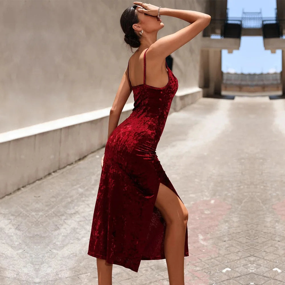 Autumn/Winter Puss  Temperament Slim-fit Velvet Slit Elegant Midi Dresses