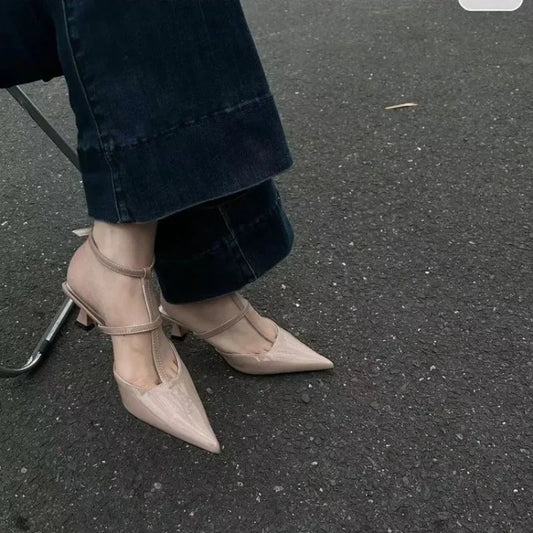 New Pointed Toe Summer  Slingback Khaki Female Slides Low Heel Pumps