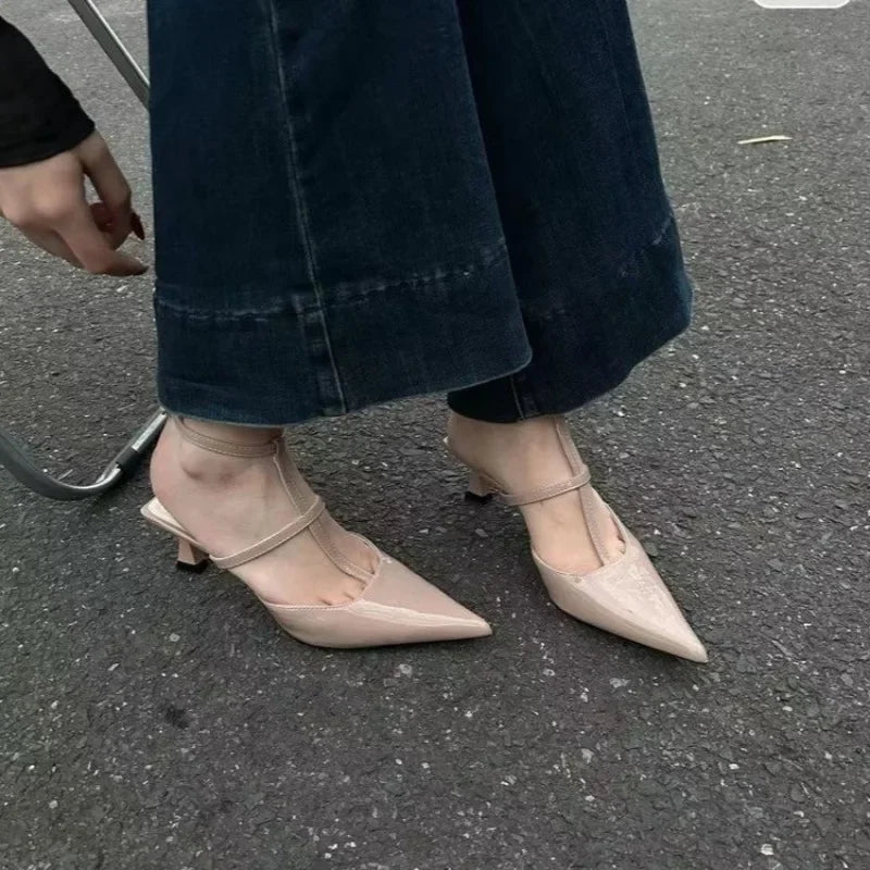 New Pointed Toe Summer  Slingback Khaki Female Slides Low Heel Pumps