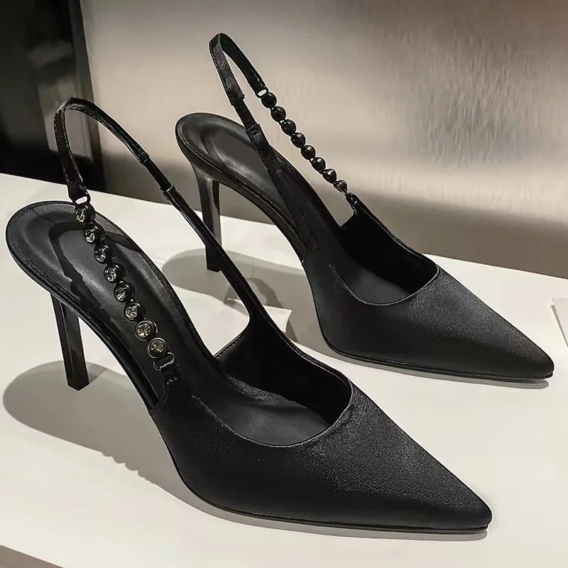 New Slingbacks Women's  Pointed Highs Silver Leather Fashion Dress Shoes Low Heel Pumps