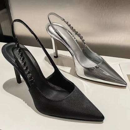 New Slingbacks Women's  Pointed Highs Silver Leather Fashion Dress Shoes Low Heel Pumps