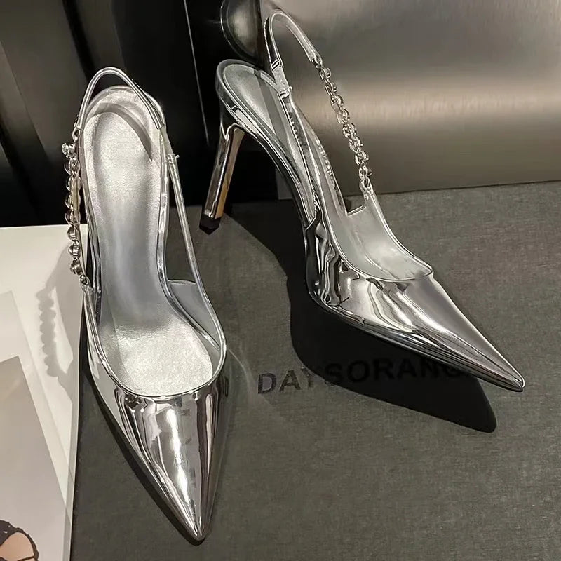 New Slingbacks Women's  Pointed Highs Silver Leather Fashion Dress Shoes Low Heel Pumps