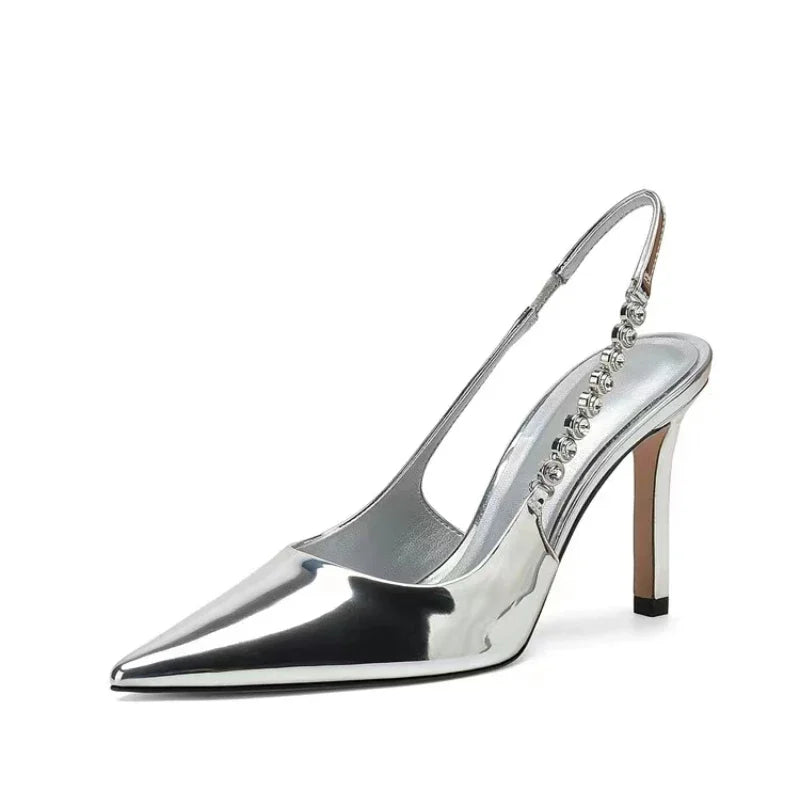 New Slingbacks Women's  Pointed Highs Silver Leather Fashion Dress Shoes Low Heel Pumps