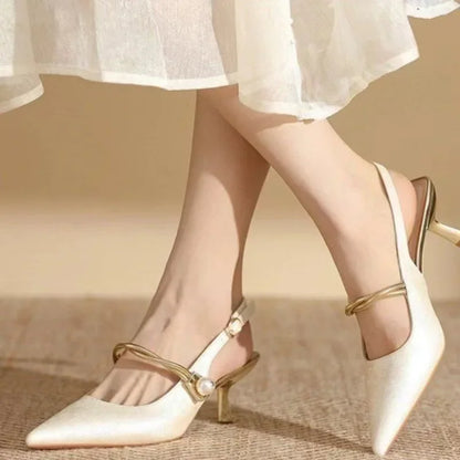 New Summer Fashion Pointed Toe Pearl  High Banquet Women Low Heel Pumps