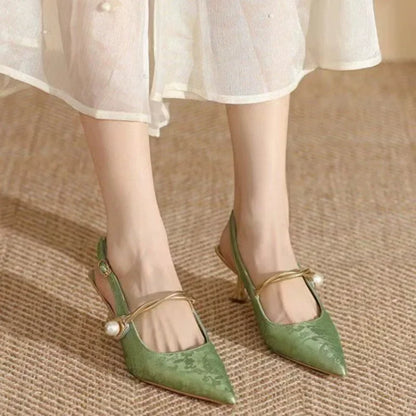 New Summer Fashion Pointed Toe Pearl  High Banquet Women Low Heel Pumps
