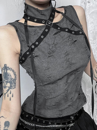 Vintage Gothic Print Retro Punk  Sleeveless Five Pointed Star Crop Top