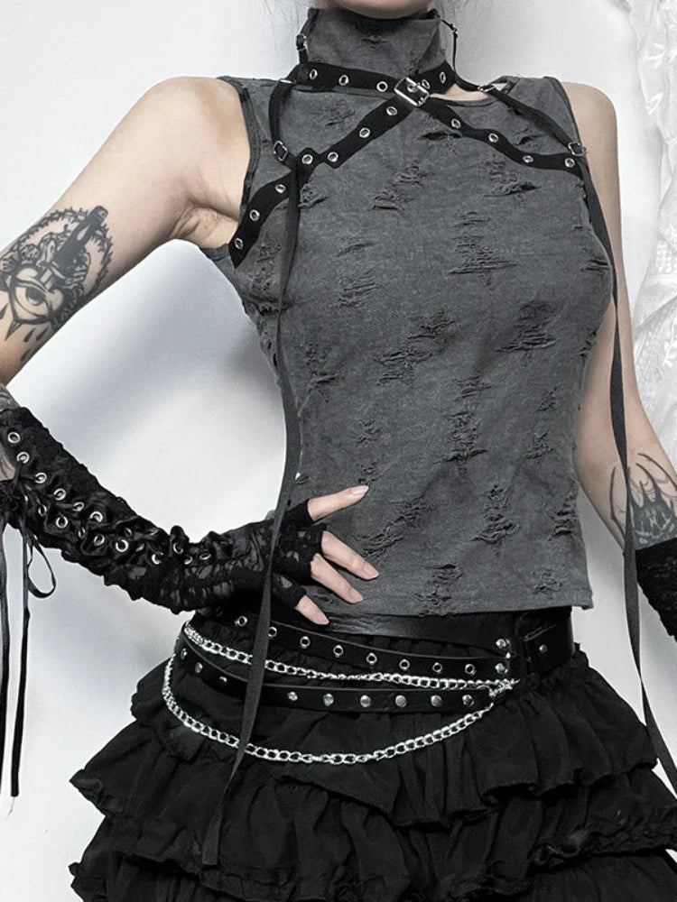 Vintage Gothic Print Retro Punk  Sleeveless Five Pointed Star Crop Top